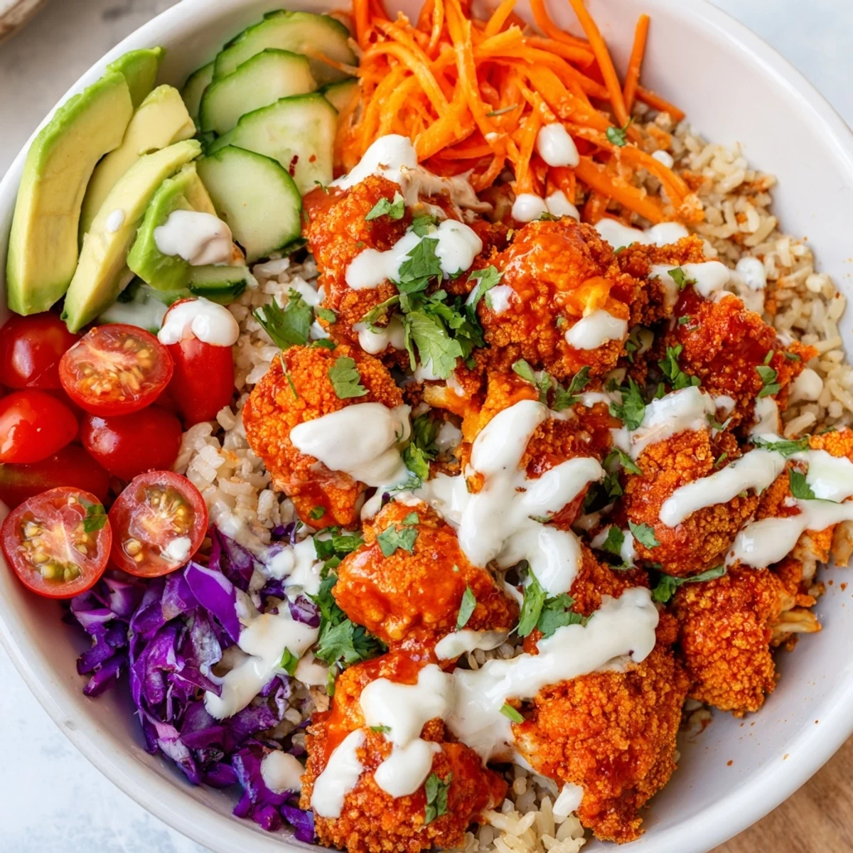 Ready-to-serve Crispy Buffalo Cauliflower Veggie Bowl with Ranch Drizzle garnished with cilantro, tomatoes, and cool yogurt ranch.