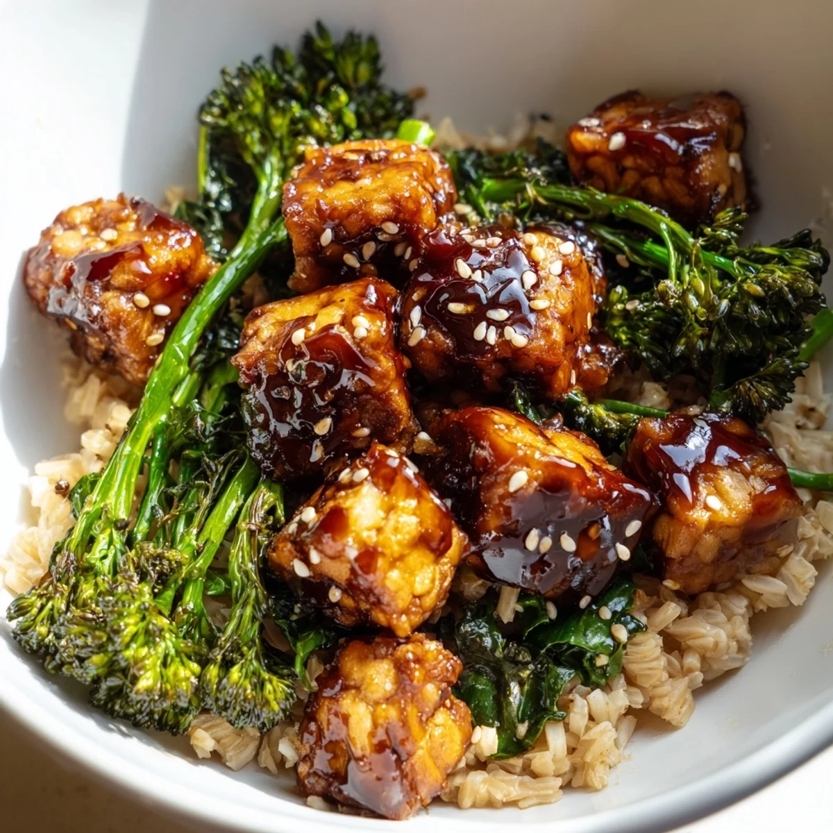 Golden brown tempeh cubes glazed in a sticky maple miso sauce, served over rice with vibrant sesame greens and sliced avocado.