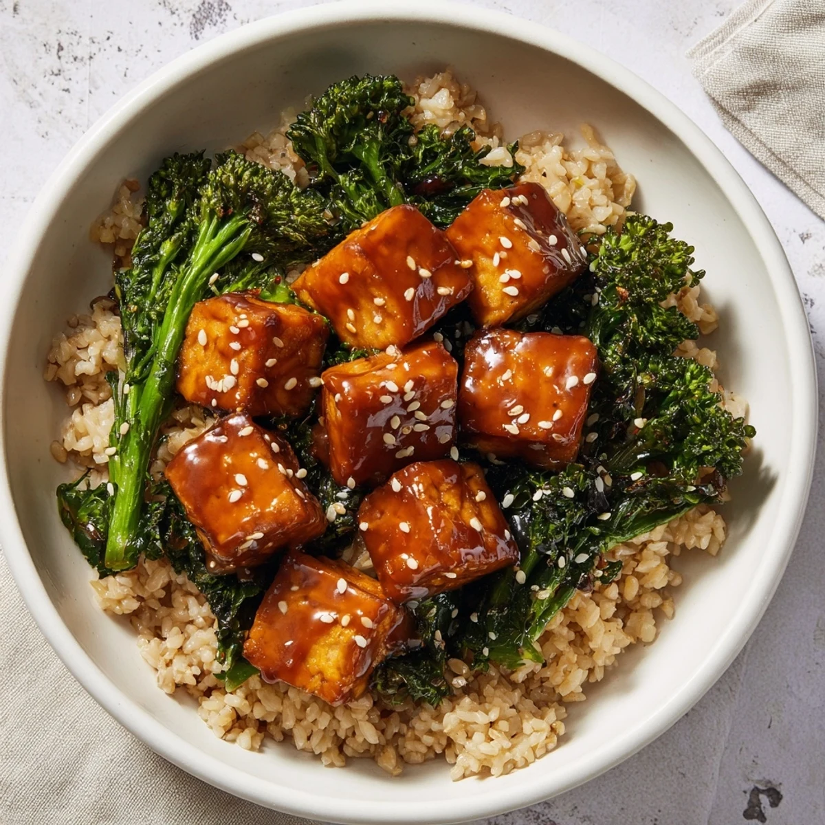 A close-up of a nourishing Maple Miso Tempeh Vegan Bowl, featuring marinated tempeh, glistening sauce, and crisp sesame greens with lime wedges.