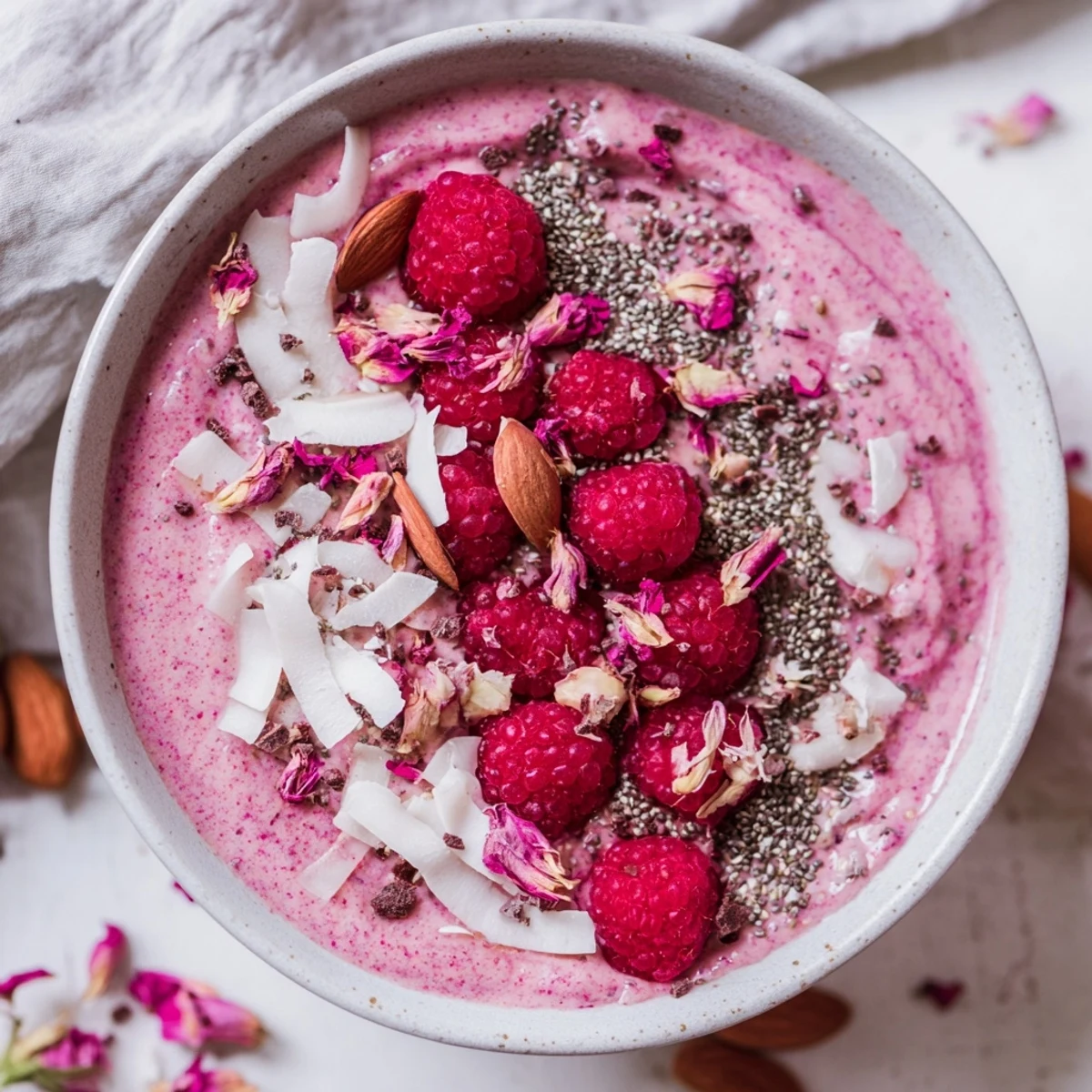 A vibrant Raspberry Rose Smoothie Bowl with Cacao Nibs topped with fresh berries and crunchy seeds.