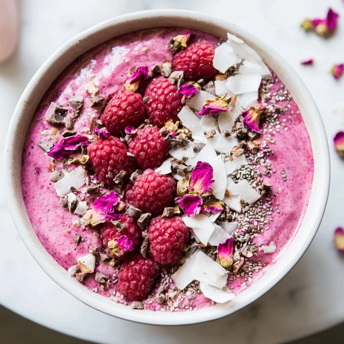 Enjoy a spoonful of creamy Raspberry Rose Smoothie Bowl with Cacao Nibs for breakfast or snack.