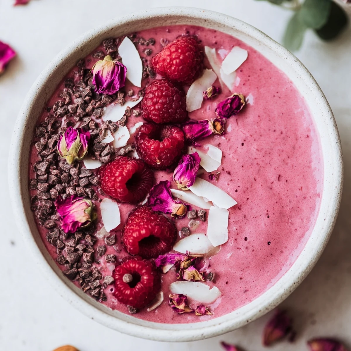 This Raspberry Rose Smoothie Bowl with Cacao Nibs features soft almond flakes and edible rose petals.
