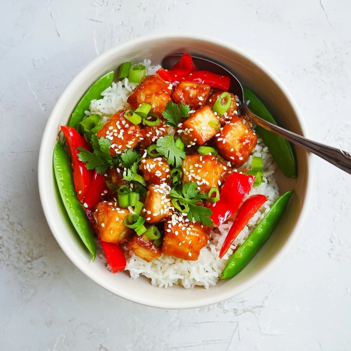 Close-up view of the Sweet Chili Garlic Tofu Rice Bowl showing glazed tofu, fresh snap peas, and a sprinkle of sesame seeds and green onions over steaming rice.