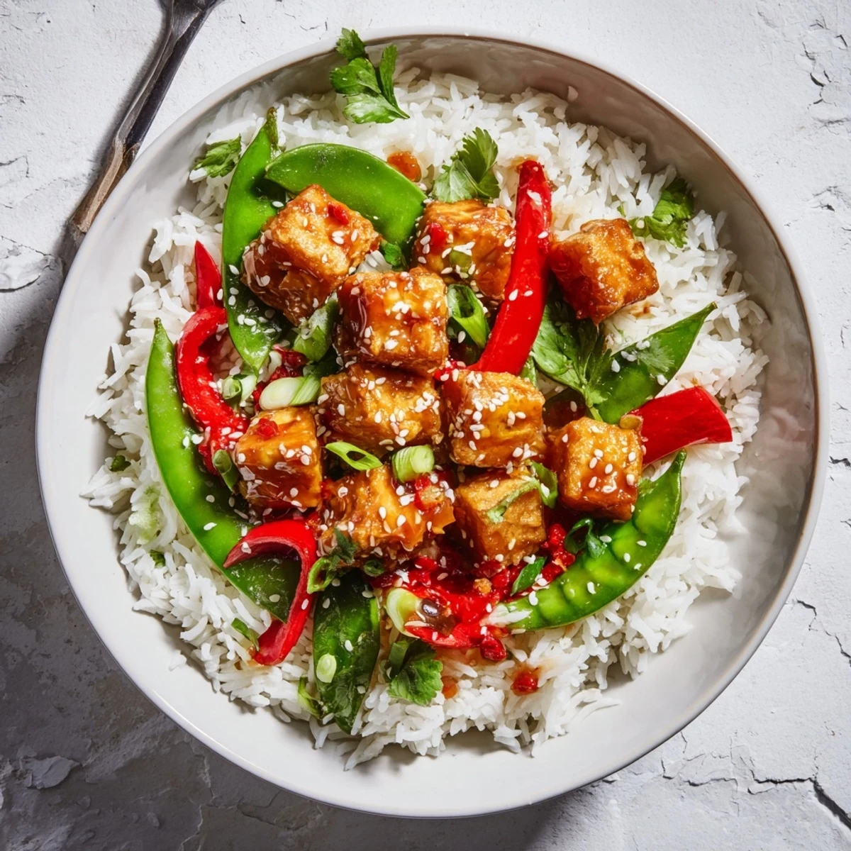 Golden-brown crispy tofu cubes glistening in sweet chili garlic sauce, nestled on fluffy jasmine rice beside crisp green snap peas and red bell pepper strips in a vibrant ceramic bowl.