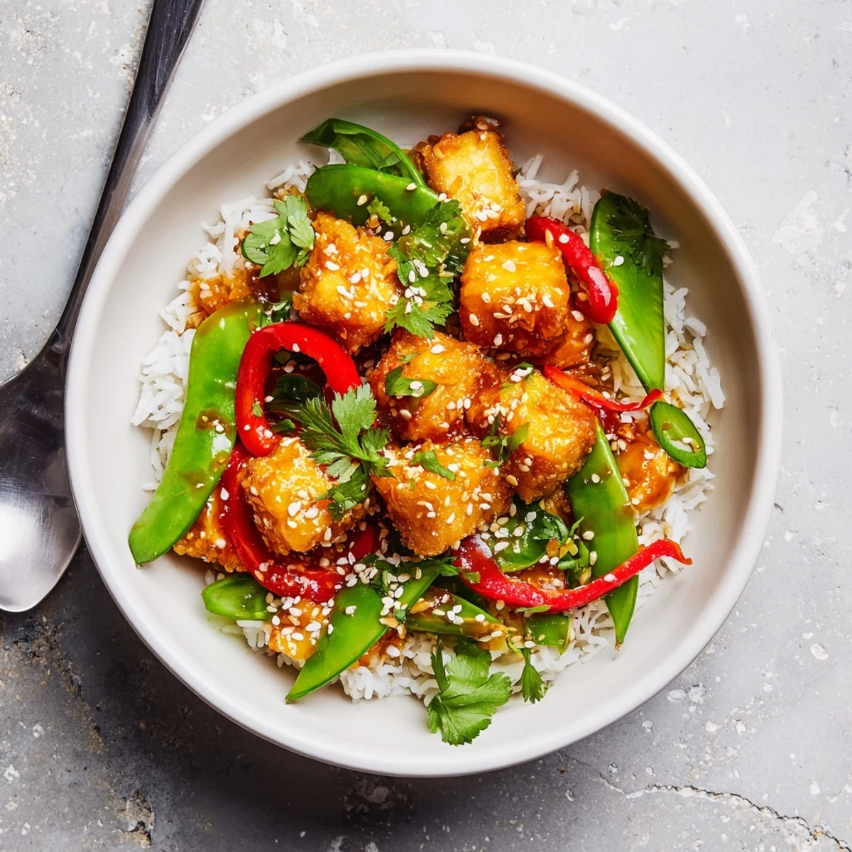 A beautifully plated vegetarian dinner bowl with aromatic garlic tofu, colorful vegetables, and fluffy rice, perfect for a quick and satisfying weeknight meal.