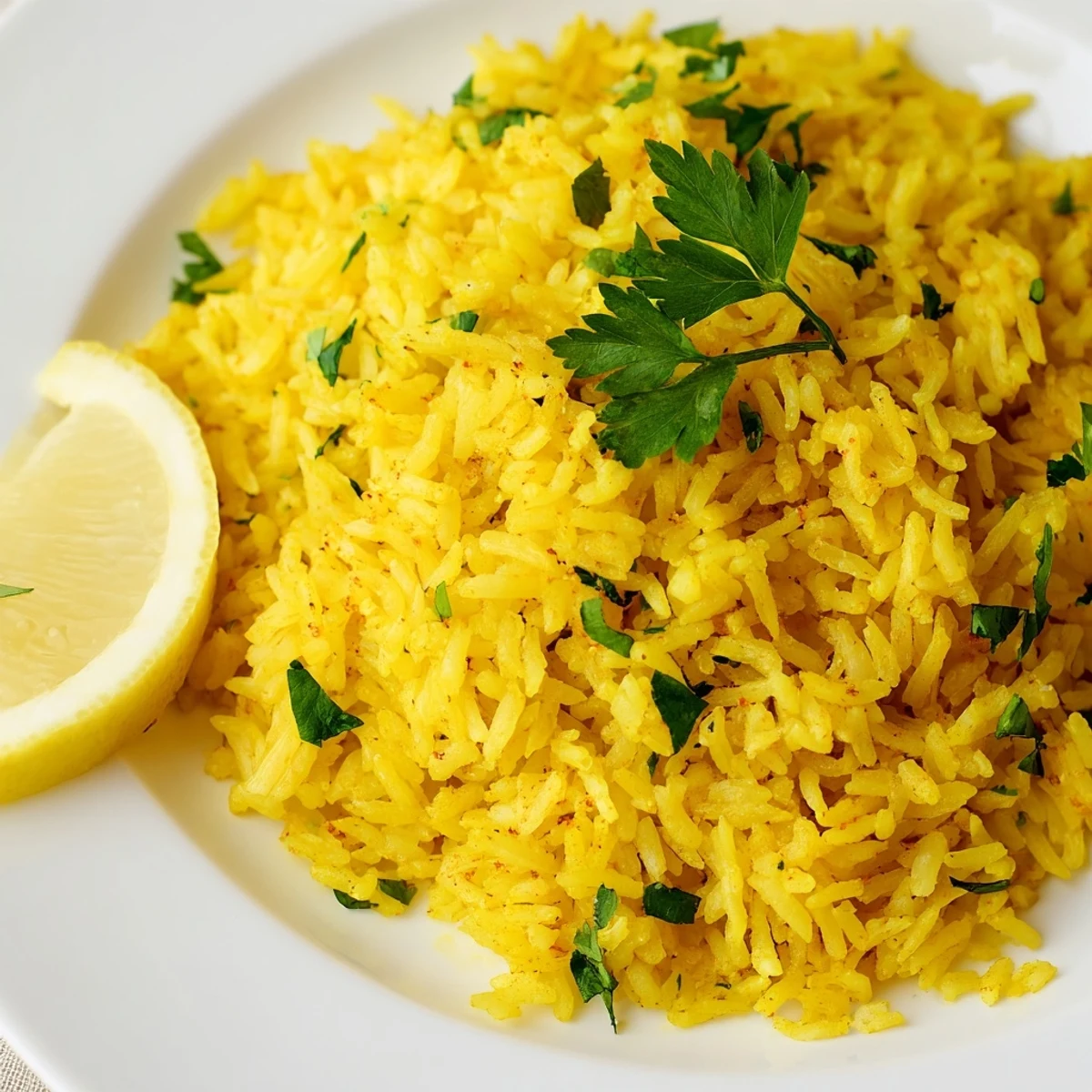 Bright yellow turmeric basmati rice topped with charred broccolini garnished with fresh parsley and lemon wedges on a white plate.