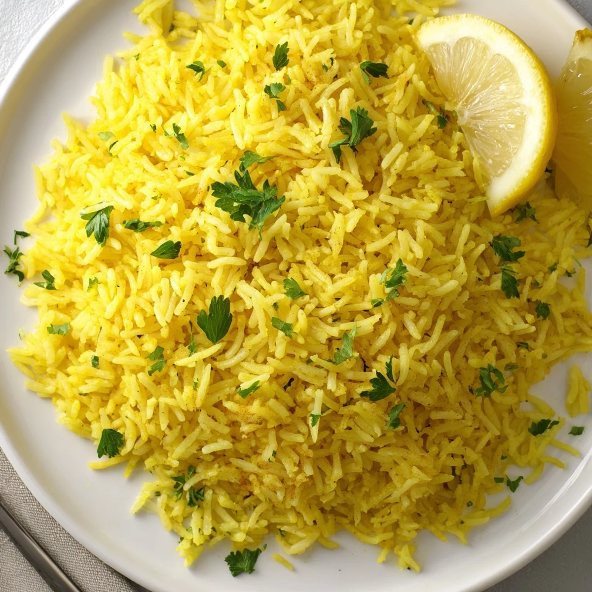 Easy lemon turmeric basmati rice with olive oil and charred broccolini displayed on a rustic wooden table with natural light.