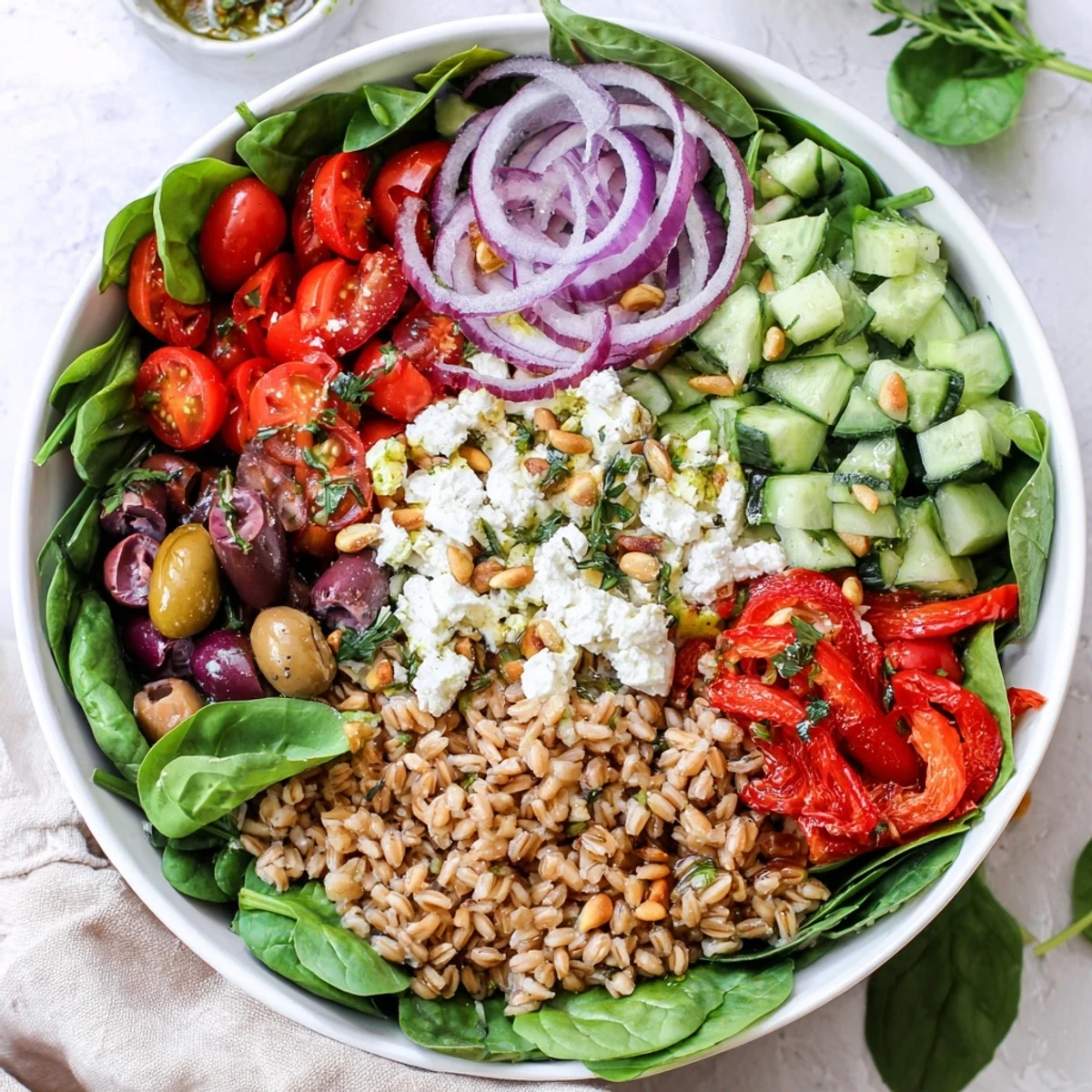 Hearty Mediterranean Herb Farro Grain Bowl with Marinated Olives topped with feta, tomatoes, and fresh herbs on a white plate.