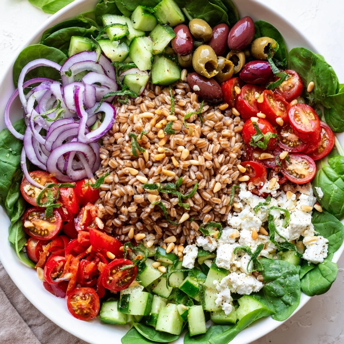 Colorful Mediterranean Herb Farro Grain Bowl with Marinated Olives arranged for serving, garnished with pine nuts and fresh parsley leaves.