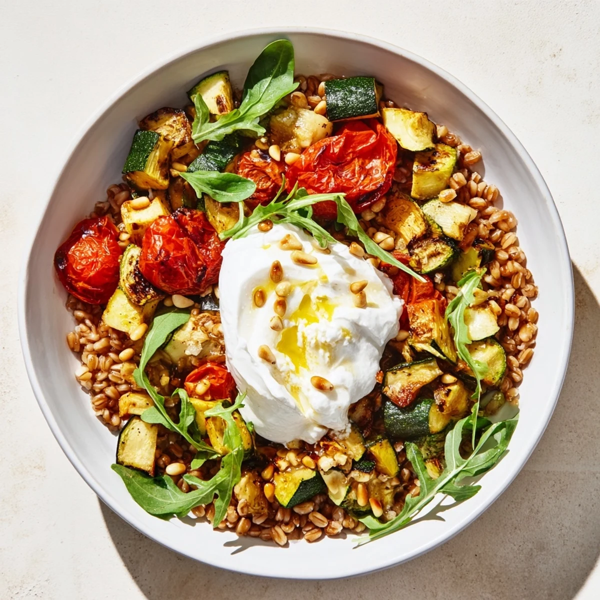 A vibrant photo of the Spicy Calabrian Chili Burrata Grain Bowl with Roasted Tomatoes, showcasing creamy burrata and fresh basil on a hearty lunch plate.