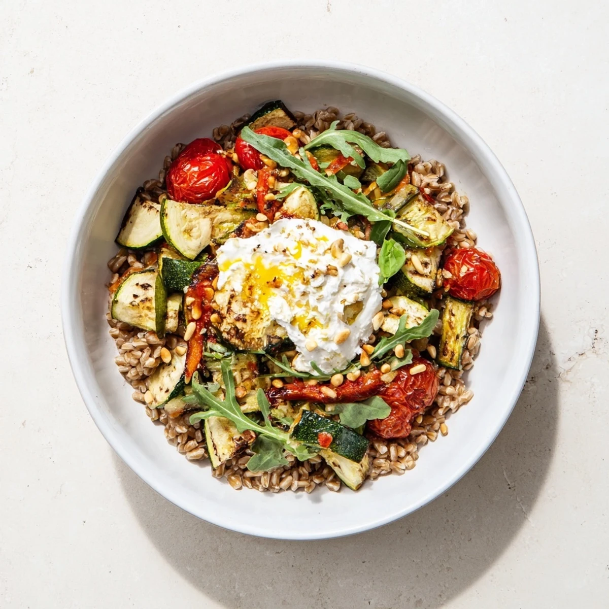 Close-up view of the Spicy Calabrian Chili Burrata Grain Bowl with Roasted Tomatoes, highlighting torn burrata cheese melting onto warm farro and arugula.