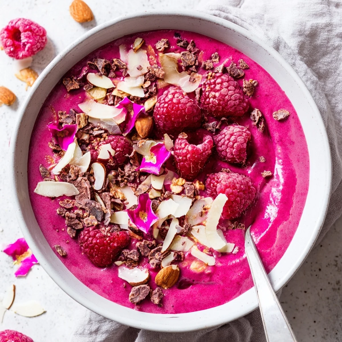 Close-up of a creamy Raspberry Rose Smoothie Bowl featuring sliced almonds and crunchy cacao nibs.