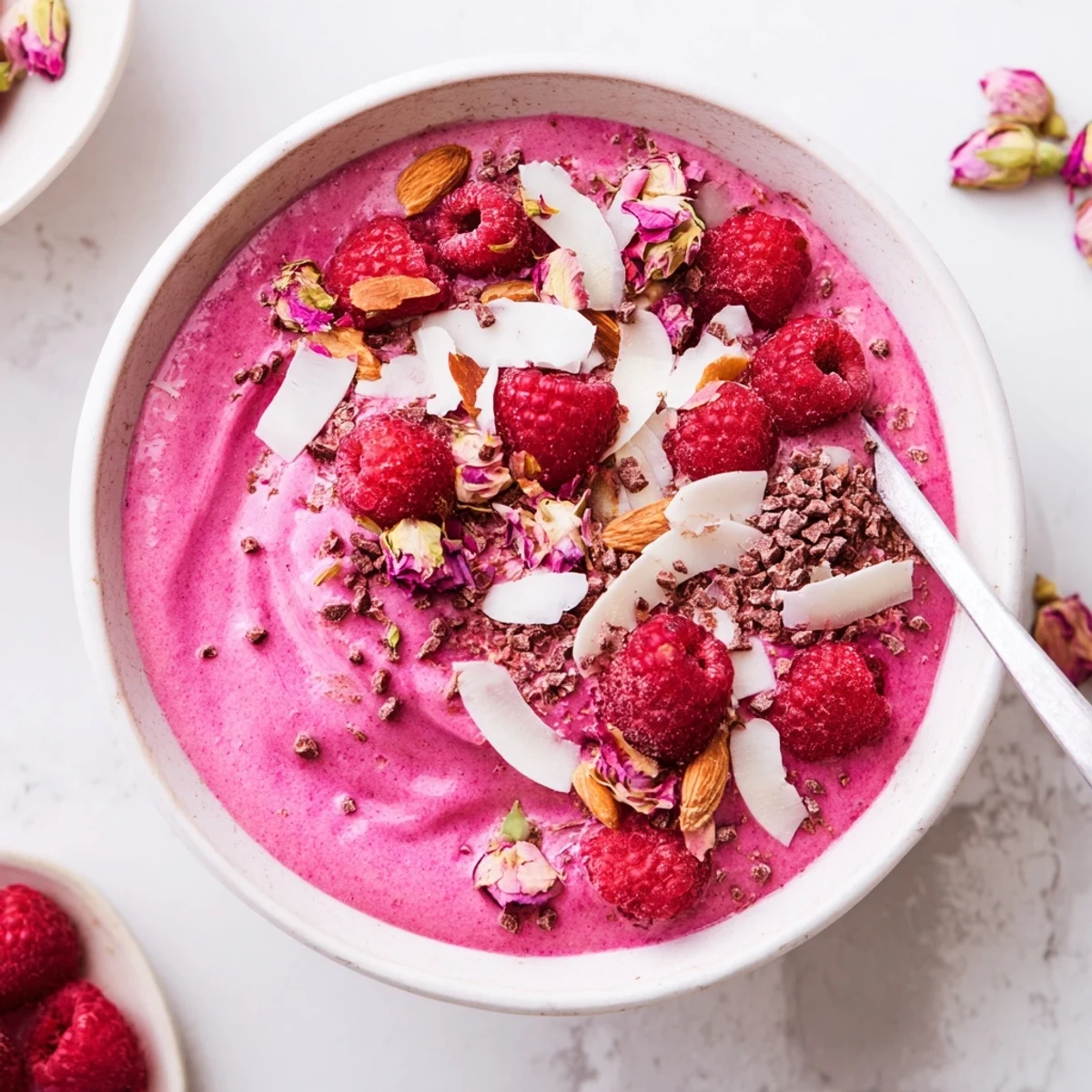 Beautifully garnished Raspberry Rose Smoothie Bowl with coconut flakes served in a white ceramic bowl.