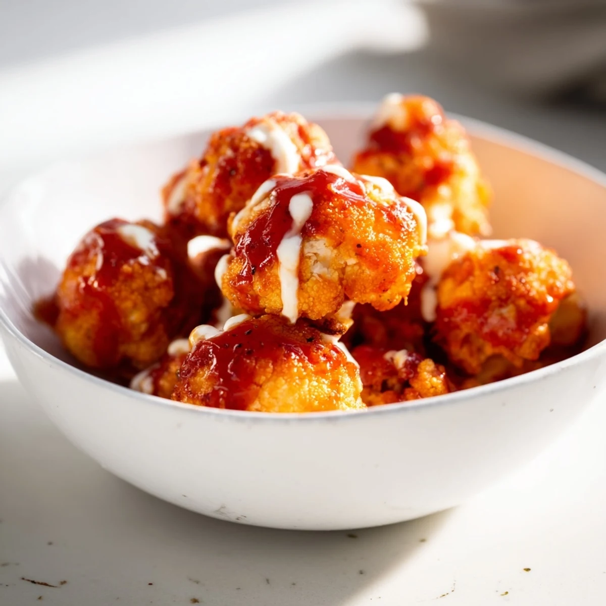 Warm, spicy buffalo cauliflower atop a colorful veggie bowl with creamy ranch drizzle.