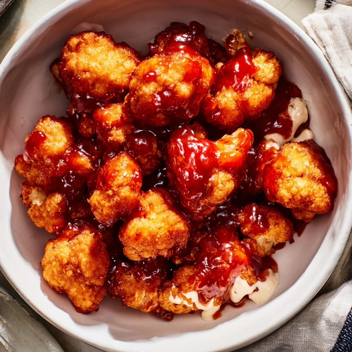 Crispy Buffalo Cauliflower Veggie Bowl with Ranch Drizzle served over greens and grains.