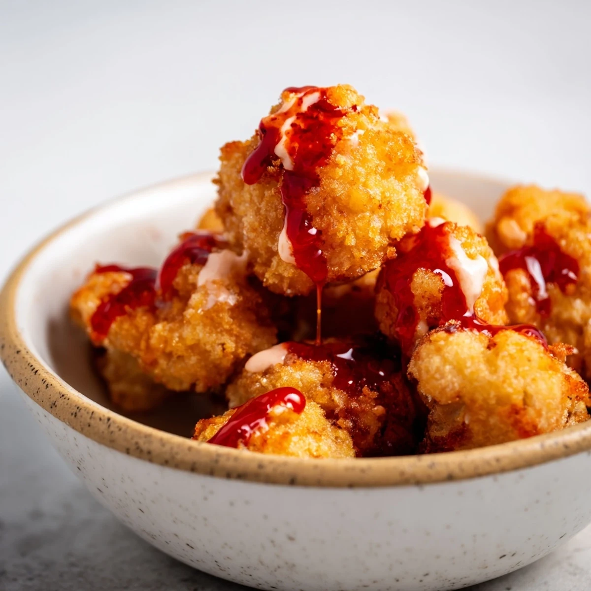 Golden baked cauliflower adds crunch to a vibrant veggie bowl with ranch drizzle.
