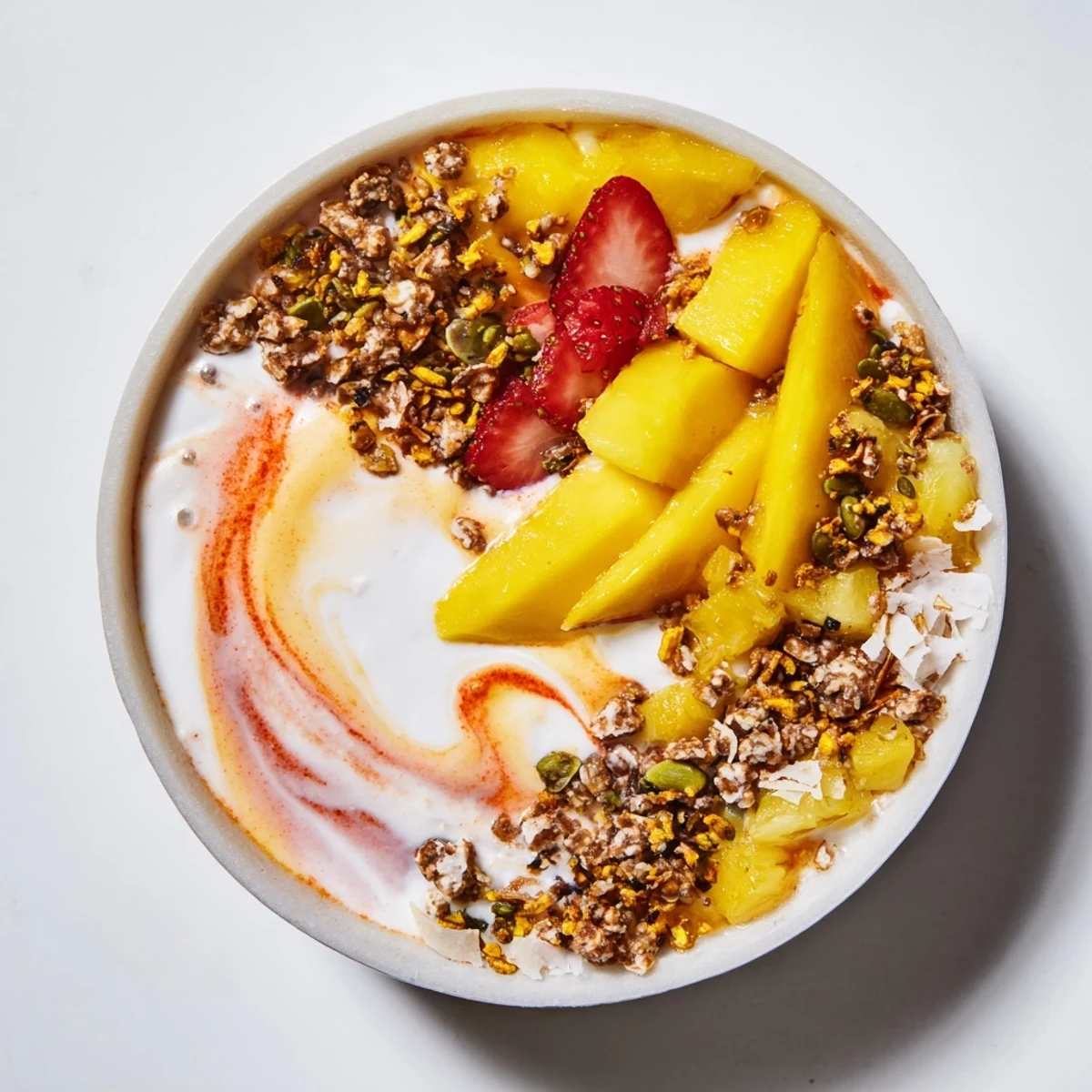 A close-up of the vibrant Mango Chamoy Smoothie Bowl with swirls of chamoy sauce and crunchy coconut topping.