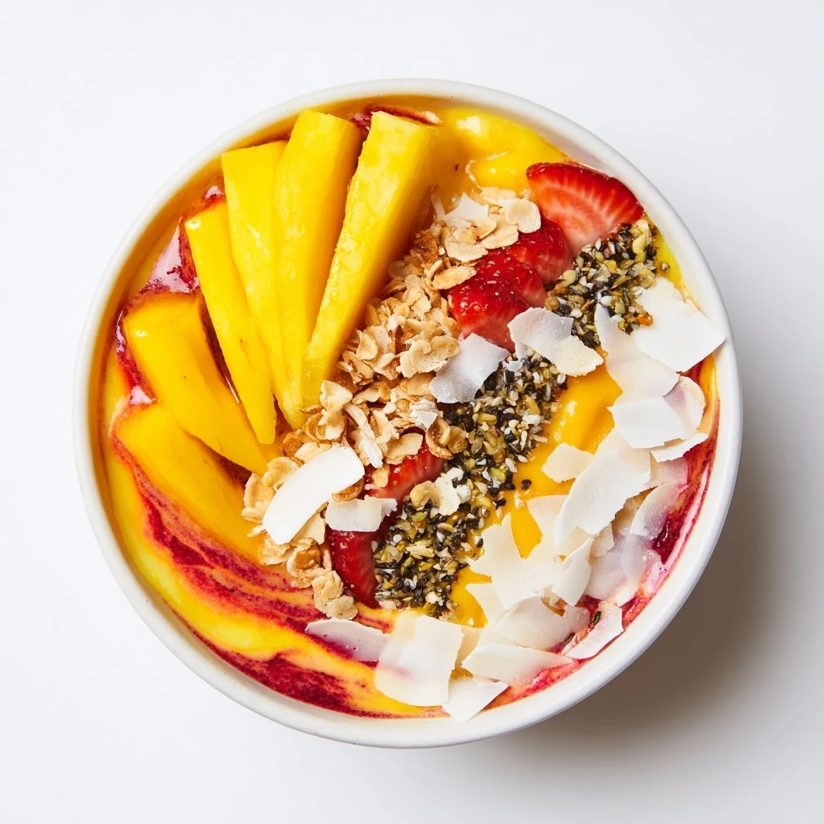Texture-rich view of the Mango Chamoy Smoothie Bowl showing creamy frozen mango base and glossy chamoy drizzle.