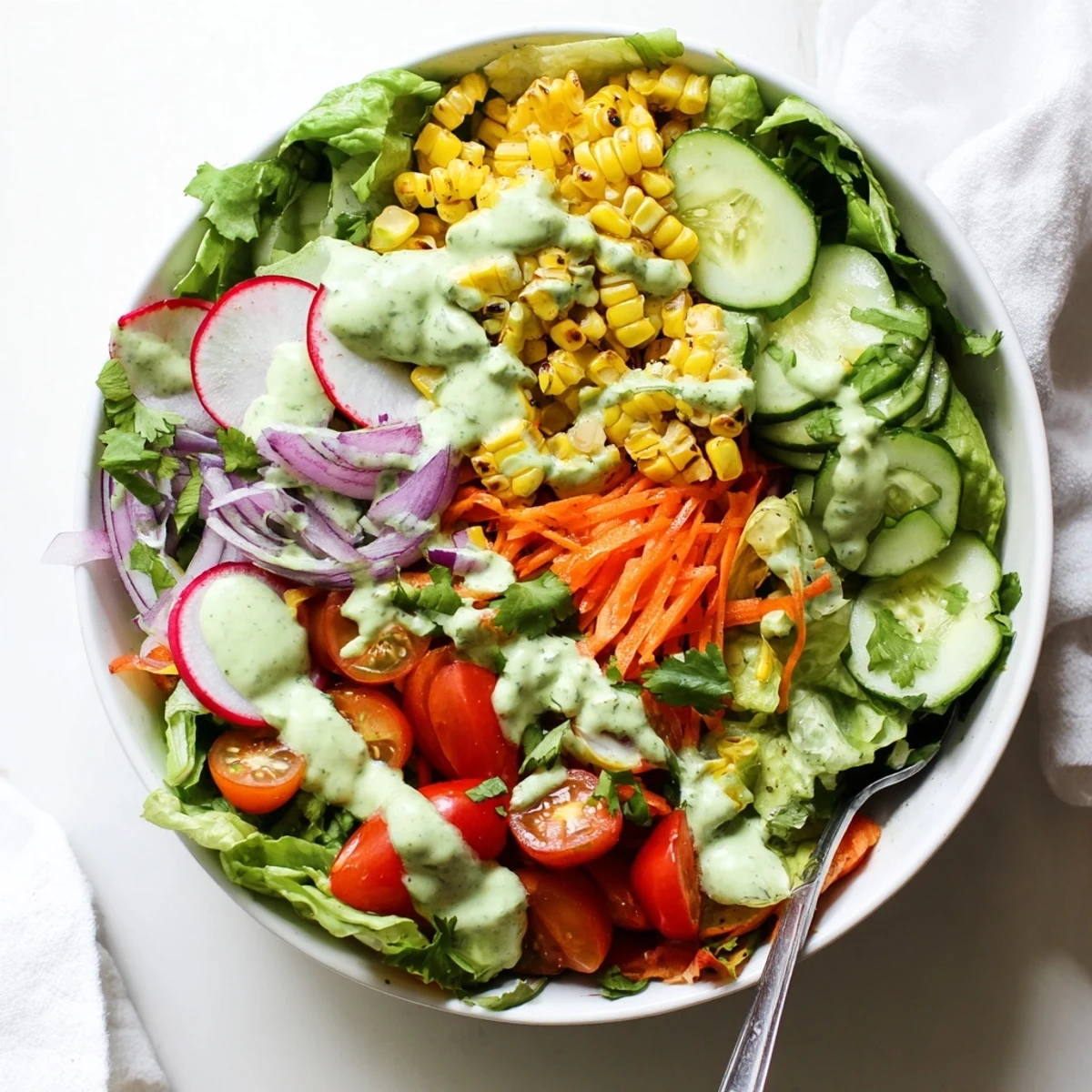 Creamy Avocado Ranch Salad Bowl with Grilled Corn showcases charred sweet corn kernels and fresh greens topped with creamy dressing.