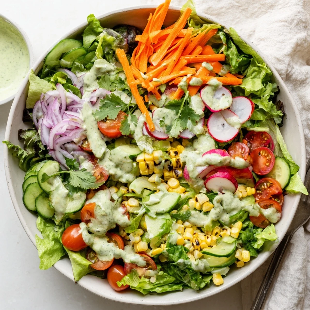 Creamy Avocado Ranch Salad Bowl with Grilled Corn features a drizzled creamy avocado ranch dressing on a nourishing main dish salad.