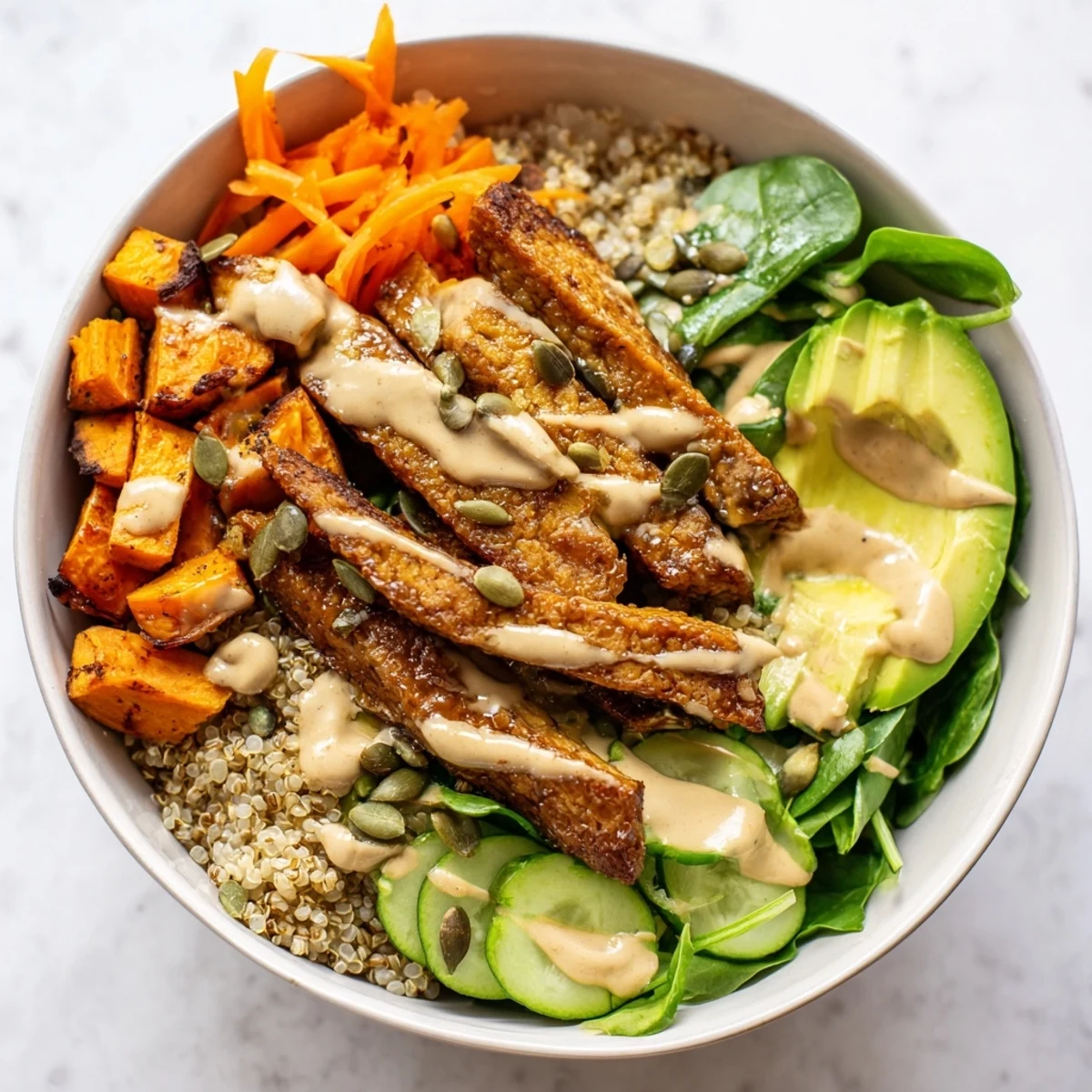 Roasted sweet potatoes and smoky maple tempeh vegan bowl topped with quinoa and fresh greens.  