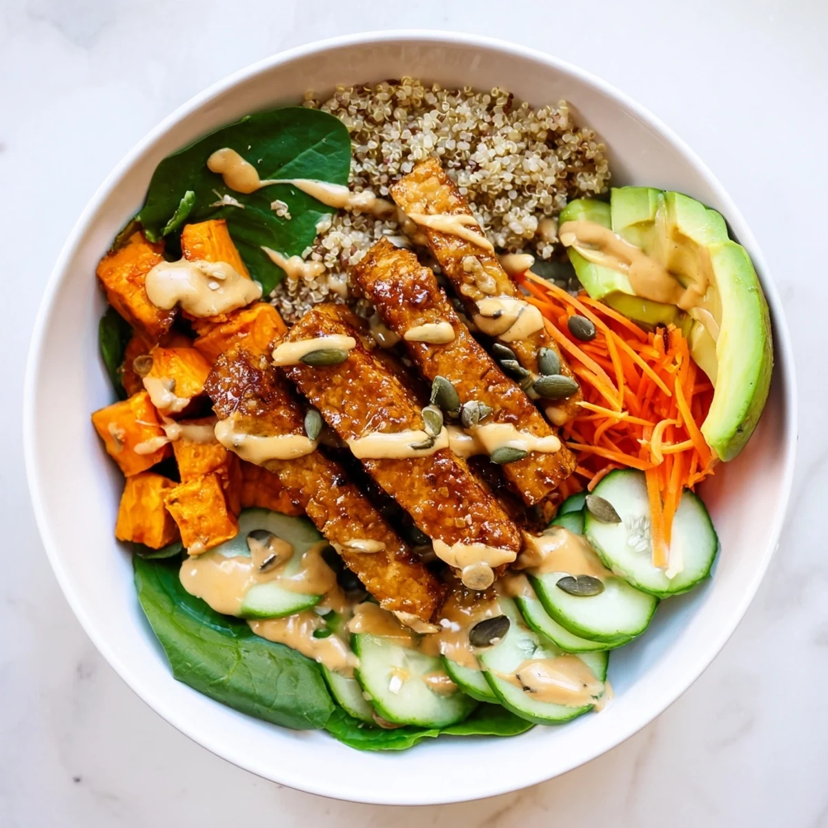 Close-up of a vibrant smoky maple tempeh vegan bowl with avocado and cucumber slices.