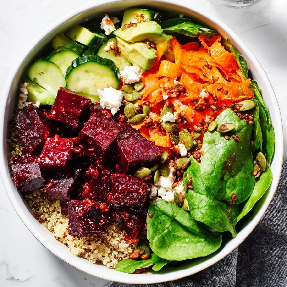 Vibrant bowl with roasted beets, fluffy quinoa, and zesty orange vinaigrette for a healthy lunch.  