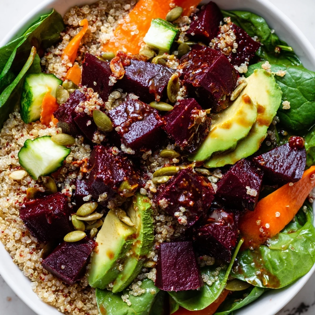 Roasted Beet Quinoa Grain Bowl with Orange Vinaigrette topped with avocado and pumpkin seeds.  