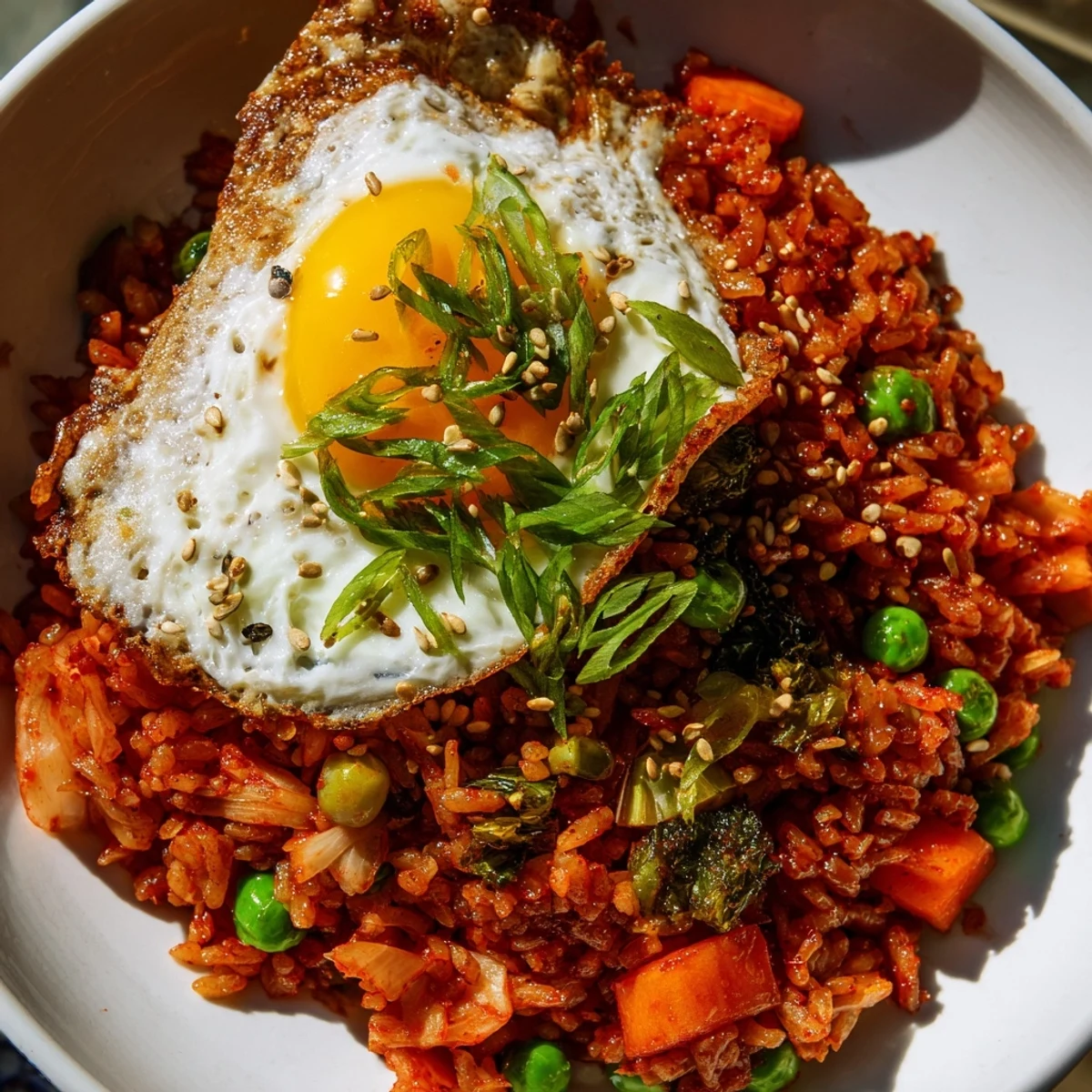 Steaming bowl of Spicy Kimchi Fried Rice with Scallion Gremolata topped with vibrant green onions and sesame seeds.
