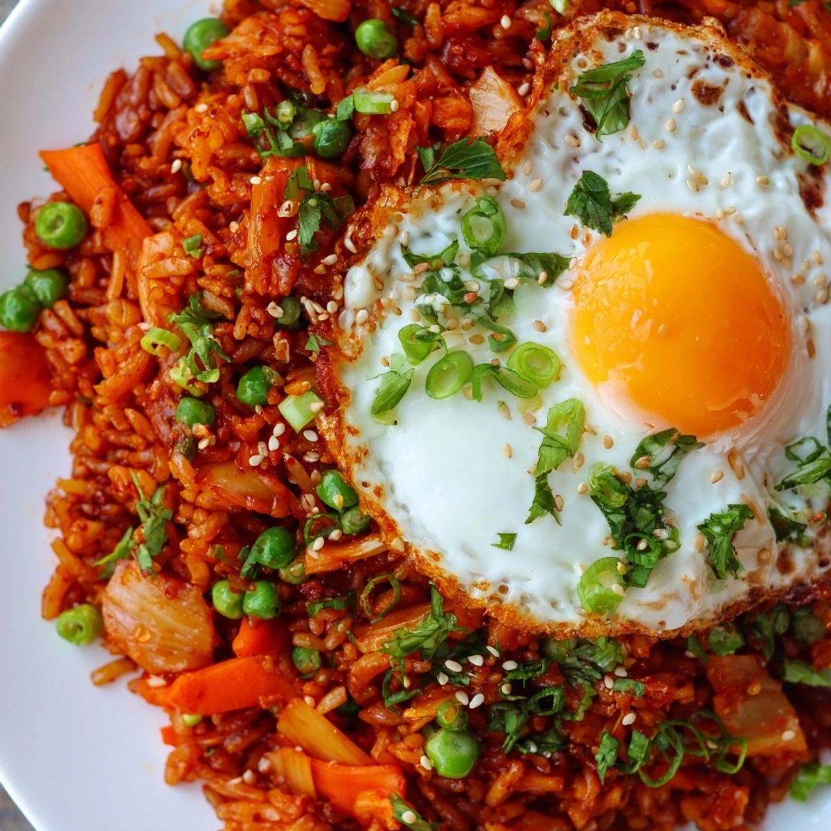 Close-up of Spicy Kimchi Fried Rice with Scallion Gremolata featuring crispy edges, diced carrots, and zesty lime garnish.