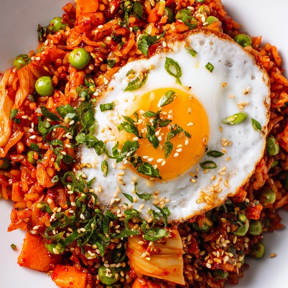 Colorful serving of Spicy Kimchi Fried Rice with Scallion Gremolata beside chopsticks on a rustic wooden table.