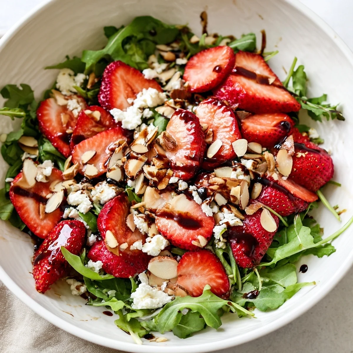 Fresh baby arugula, sliced strawberries, and crunchy toasted almonds in a Strawberry Balsamic Arugula Salad Bowl with a tangy vinaigrette.