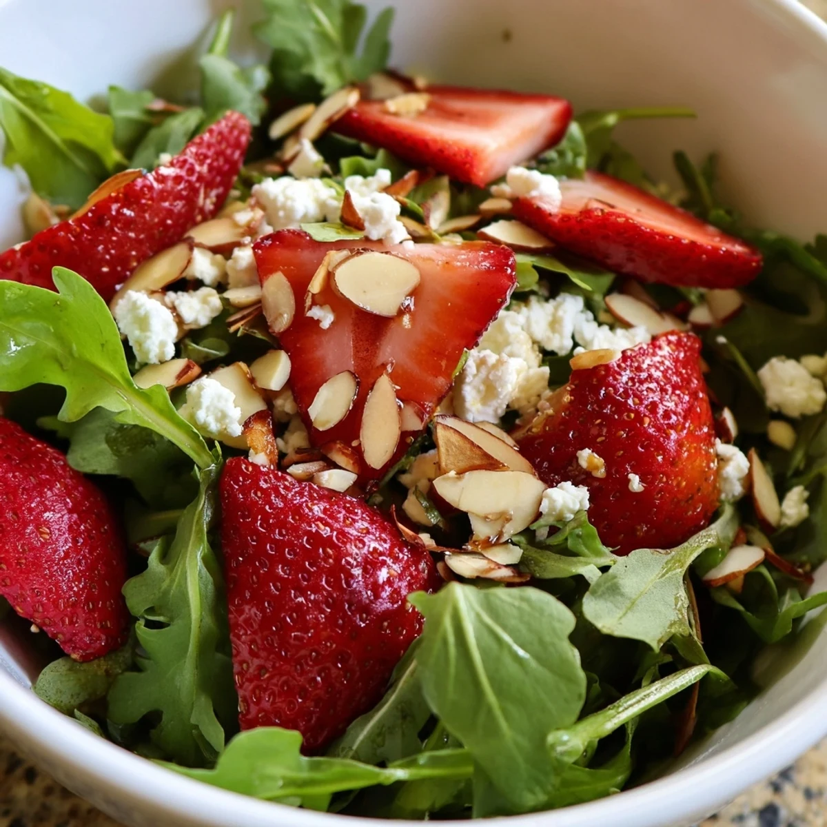 Serve this Strawberry Balsamic Arugula Salad Bowl in a wooden bowl with glistening balsamic drizzle and fresh herbs for summer.