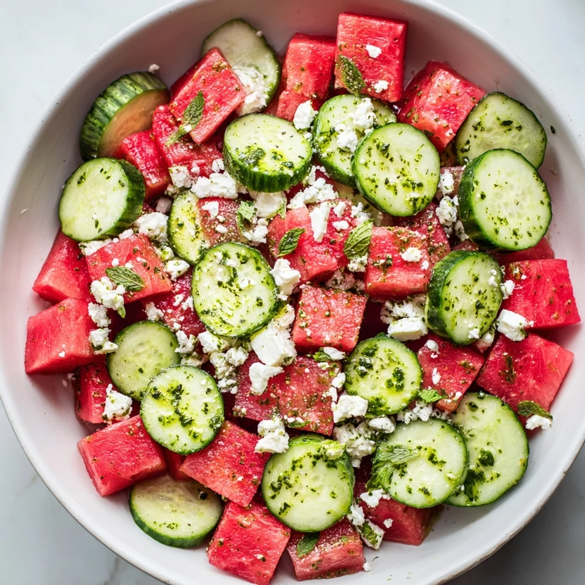 Juicy watermelon and crisp cucumber pieces topped with crumbled feta and fresh mint in a Cucumber Watermelon Feta Salad Bowl with Mint Oil drizzle.