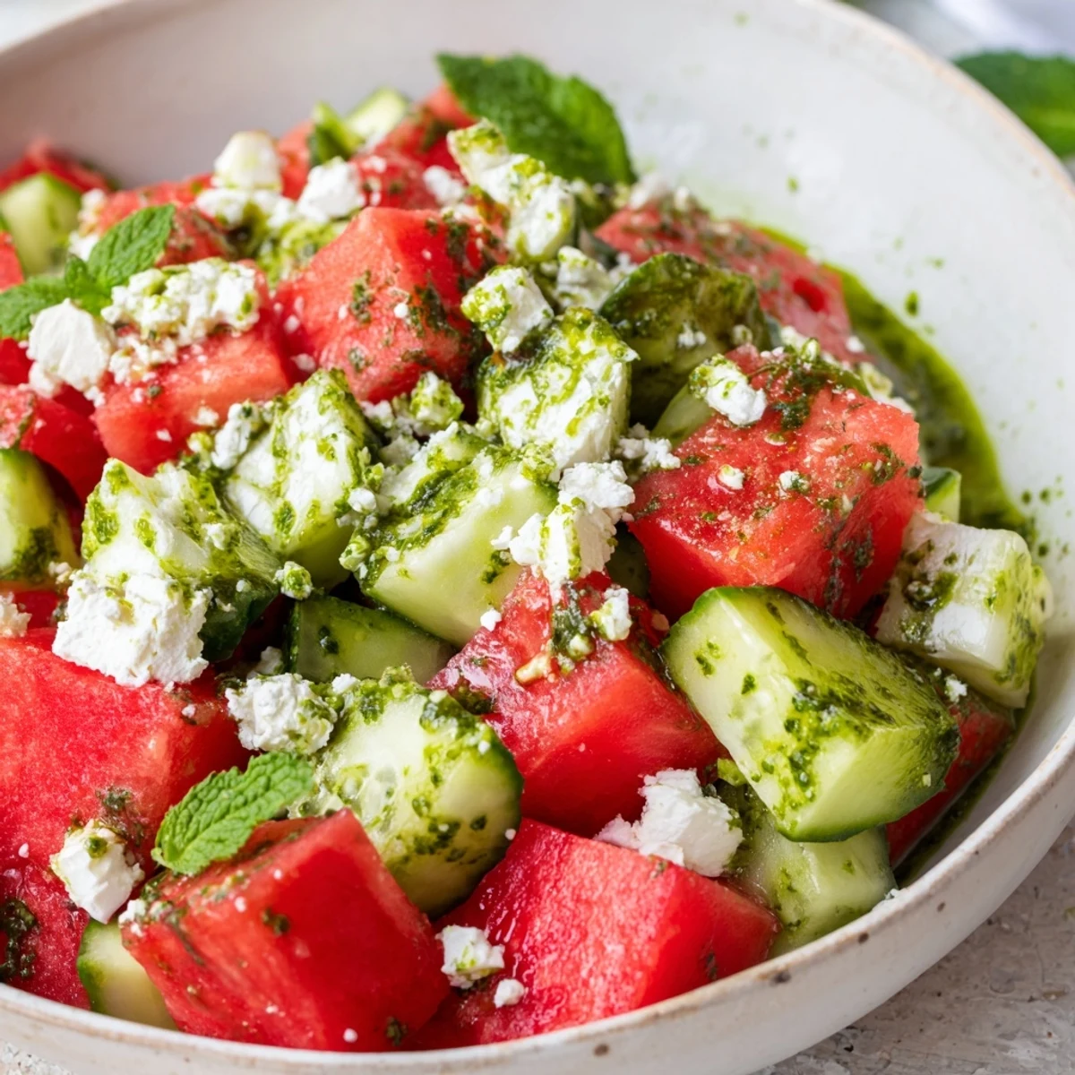 Vibrant Cucumber Watermelon Feta Salad Bowl with Mint Oil served on a plate, garnished with pine nuts and lime zest, perfect for a picnic lunch.