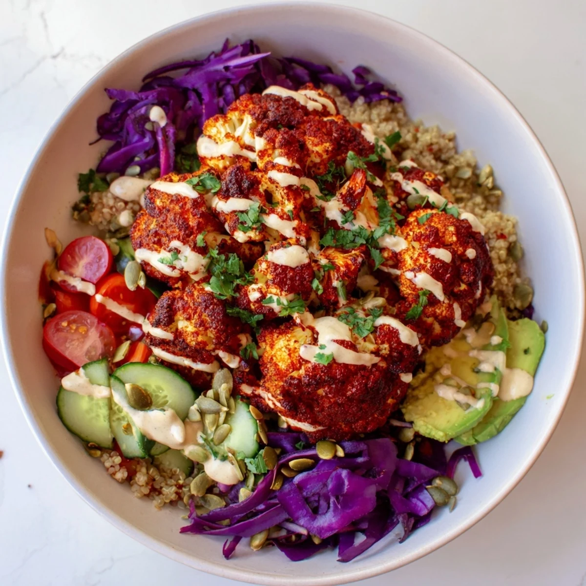 Harissa roasted cauliflower veggie bowl with tahini drizzle served over fluffy quinoa and vibrant veggies for a nourishing lunch.