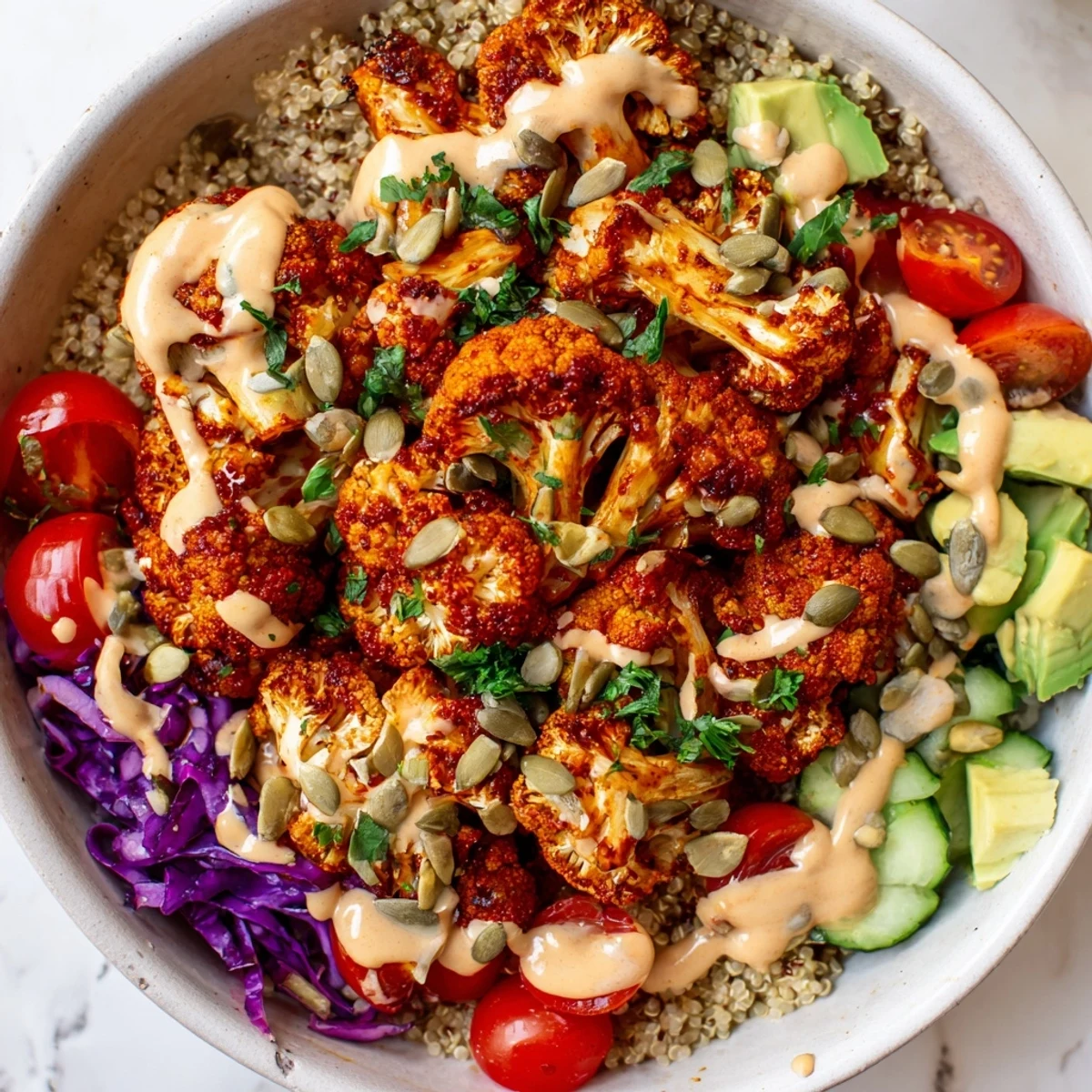 Colorful bowl of harissa roasted cauliflower veggie bowl with tahini drizzle, featuring avocado, tomatoes, and crisp red cabbage.