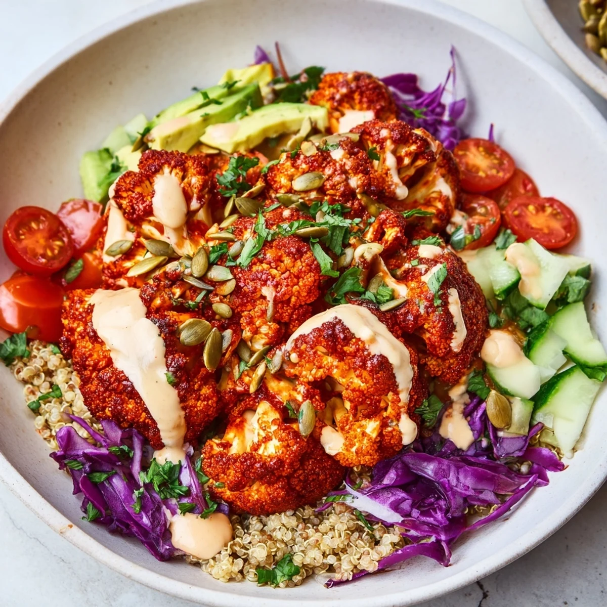 Spicy harissa roasted cauliflower veggie bowl drizzled with creamy tahini, finished with crunchy pumpkin seeds and fresh herbs.