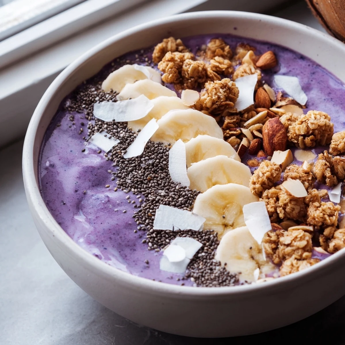 Spoon-ready ube banana coconut smoothie bowl served with granola clusters and coconut flakes for breakfast.