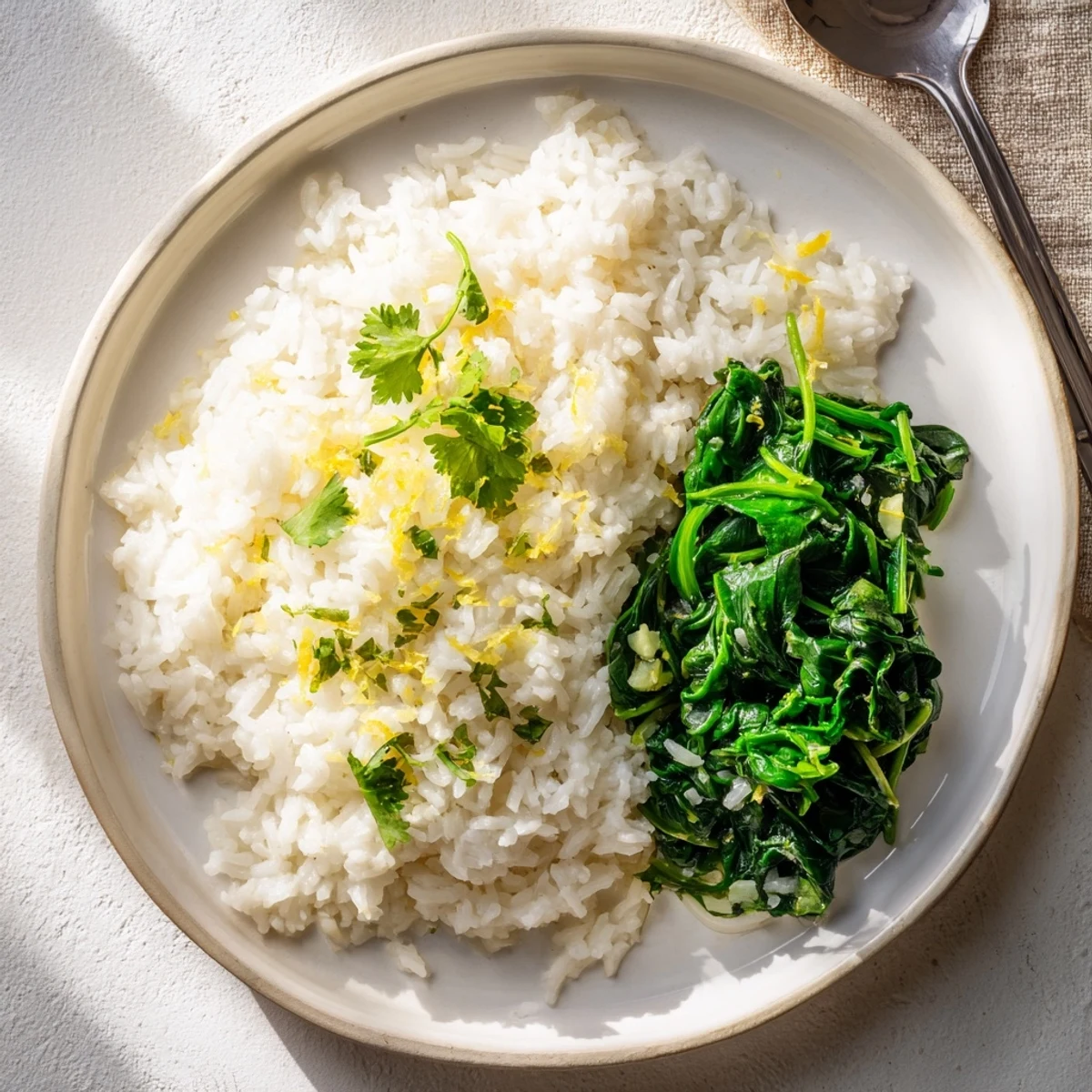 Creamy coconut lime jasmine rice with sautéed spinach, topped with fresh cilantro and lime zest.  