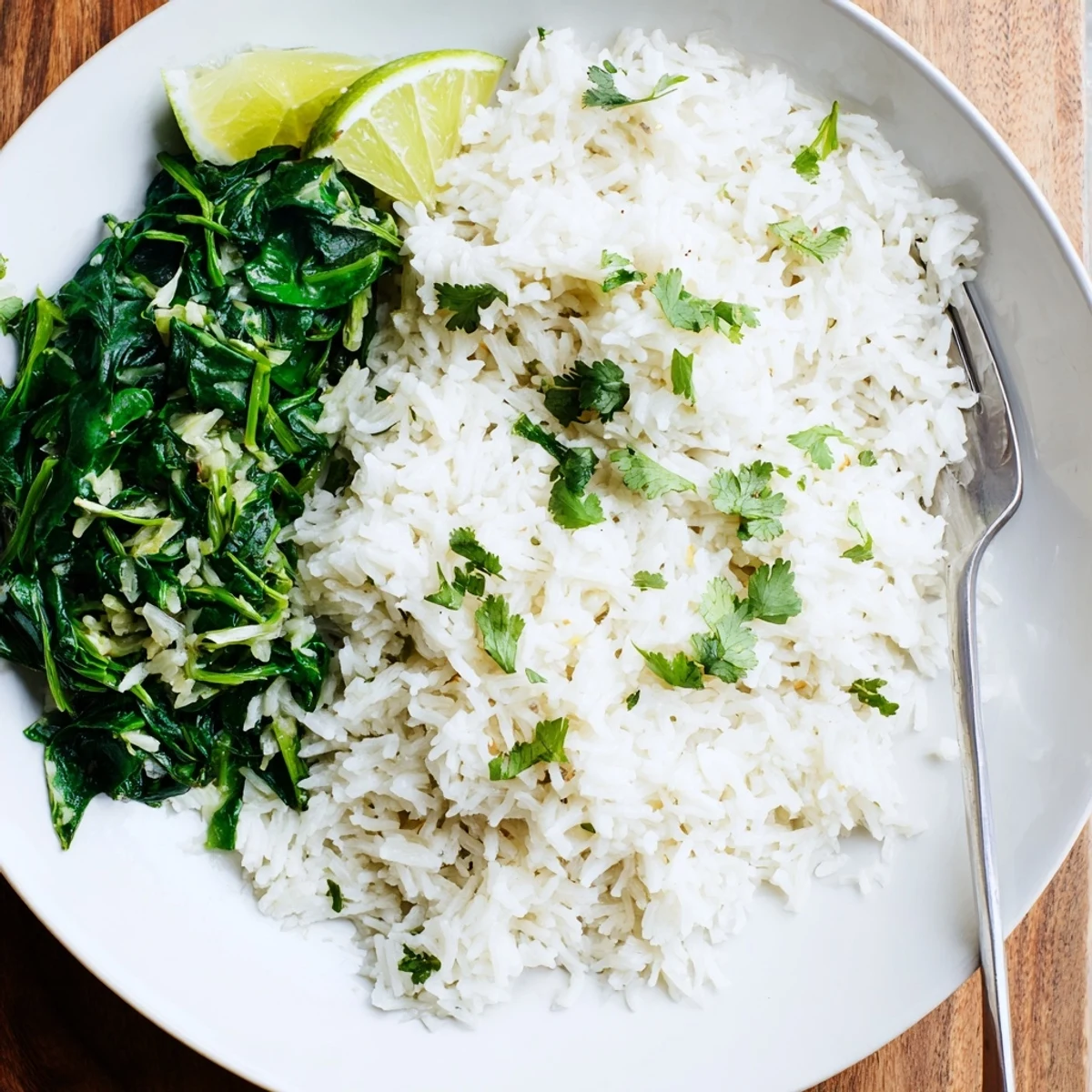 Vibrant coconut lime jasmine rice alongside tender spinach, garnished with lime wedges and cilantro.
