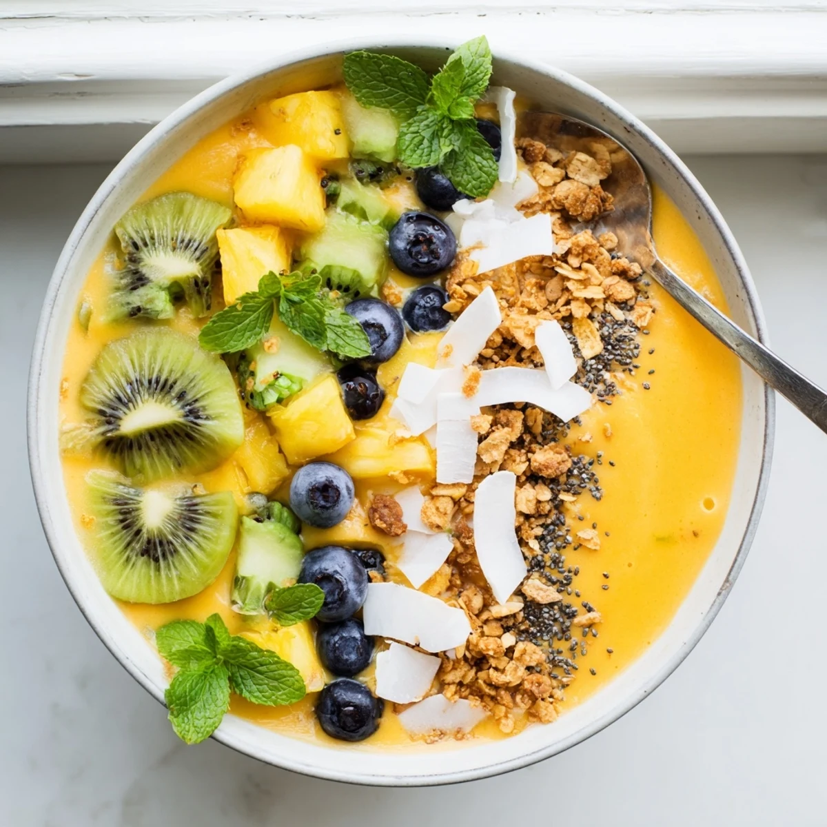 Vibrant tropical papaya passionfruit smoothie bowl topped with toasted coconut chips and fresh fruit array
