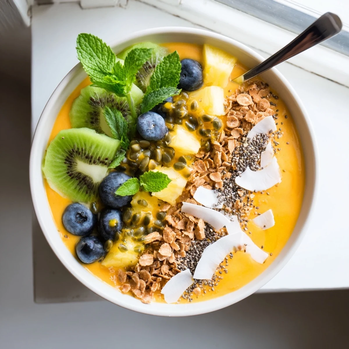 Refreshing dairy-free smoothie bowl featuring papaya passionfruit base with granola chia and tropical toppings