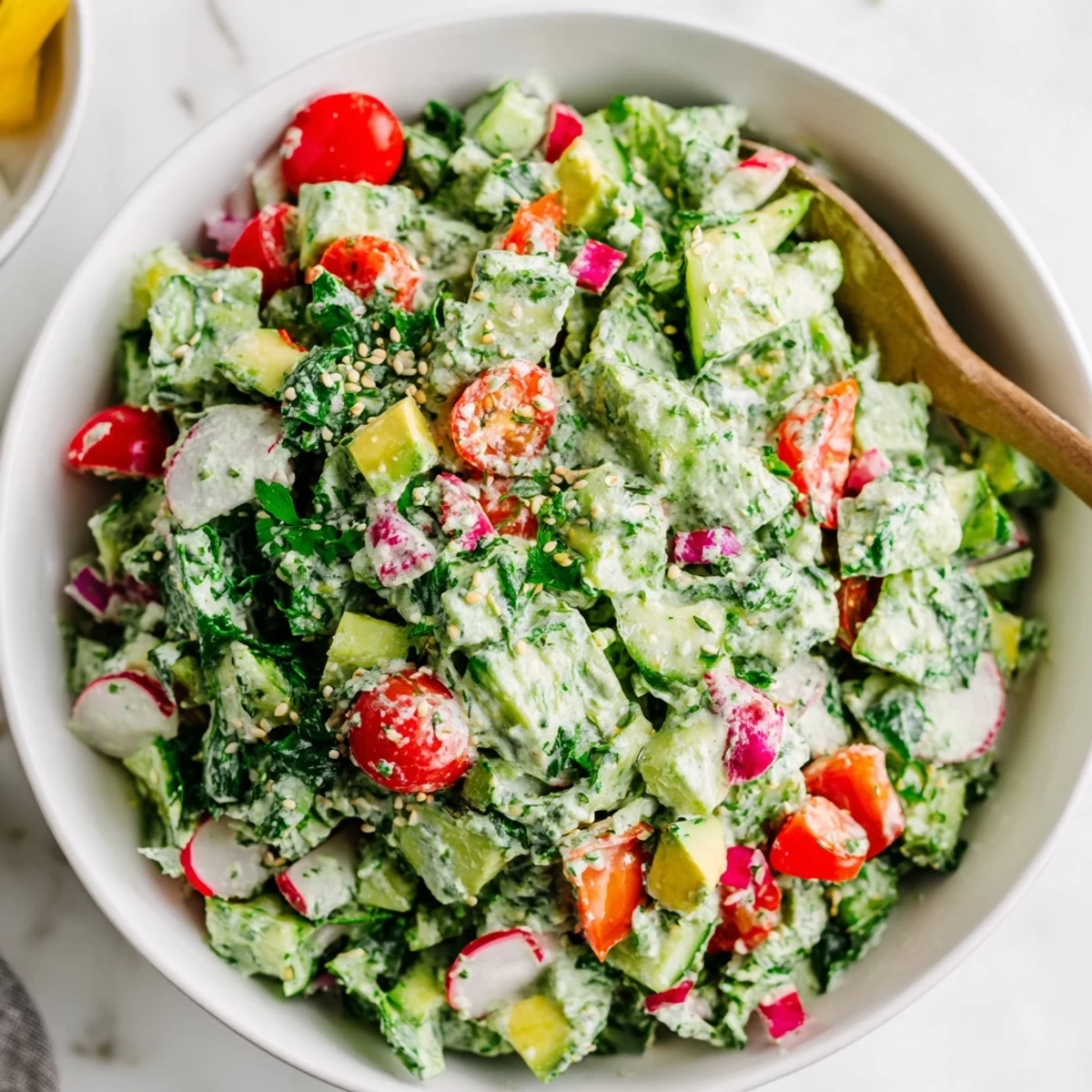 Fresh Green Goddess Chopped Salad Bowl with crisp vegetables and creamy dressing topped with hemp seeds