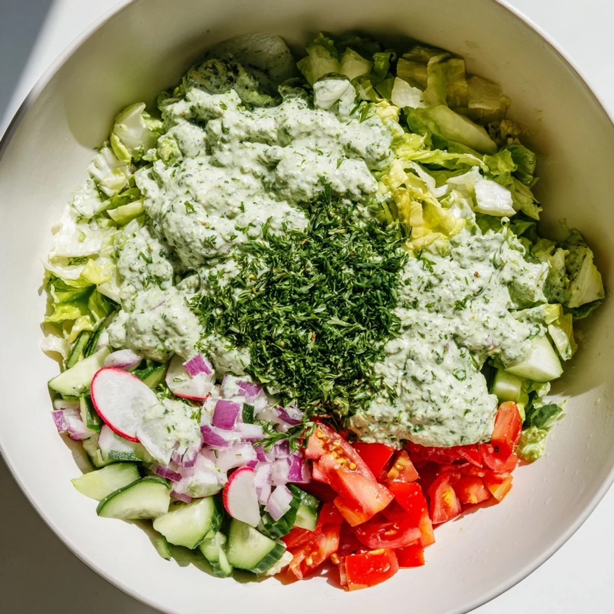 Vibrant chopped salad bowl featuring colorful veggies avocado and zesty Green Goddess dressing sprinkled with nutty hemp seeds