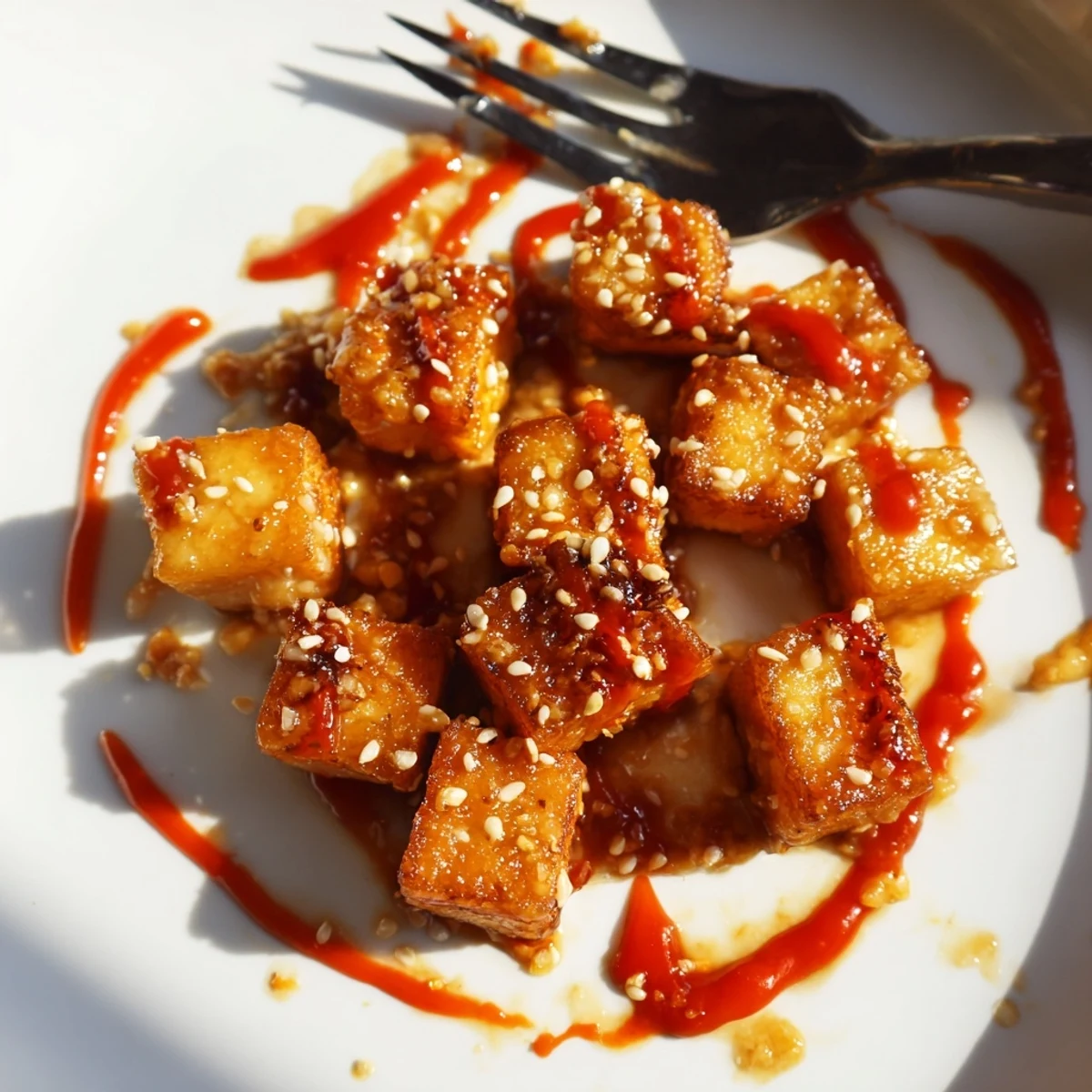 Crispy sticky ginger garlic tofu bowl served over fluffy rice with vibrant lime slaw