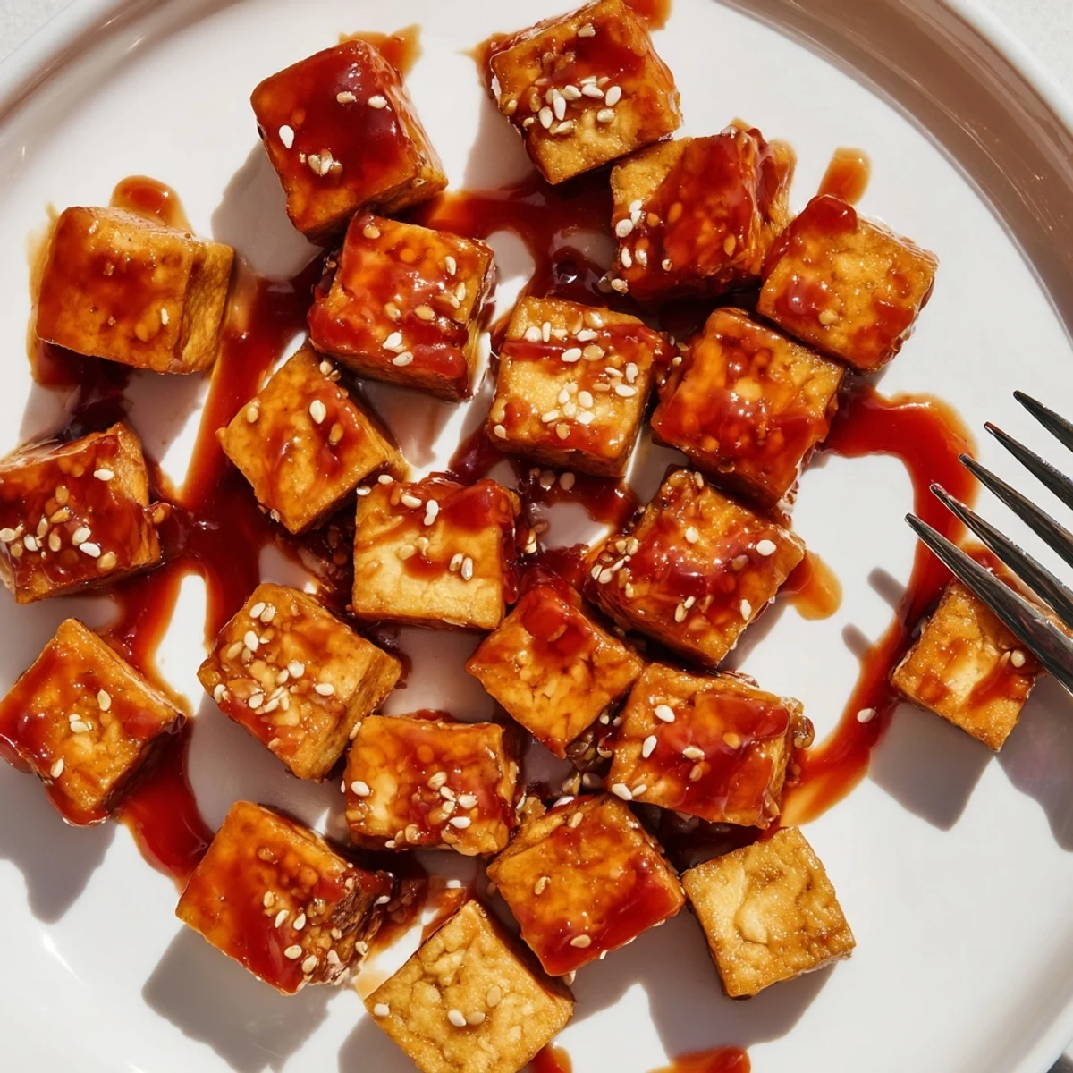 Golden glazed tofu pieces in spicy ginger garlic sauce atop rice with crunchy cabbage slaw