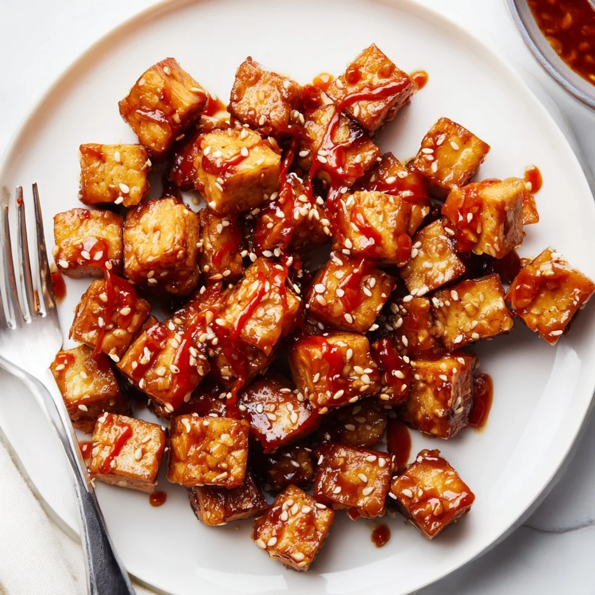 Vegan sticky ginger garlic tofu bowl featuring refreshing lime slaw and sesame seed garnish