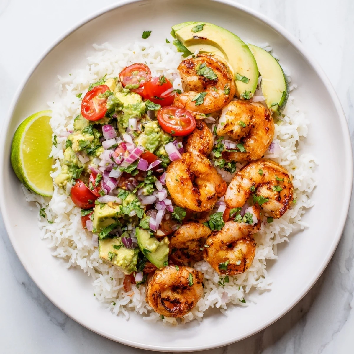 Zesty chili lime shrimp served on steaming rice with creamy avocado tomato salsa and lime wedges