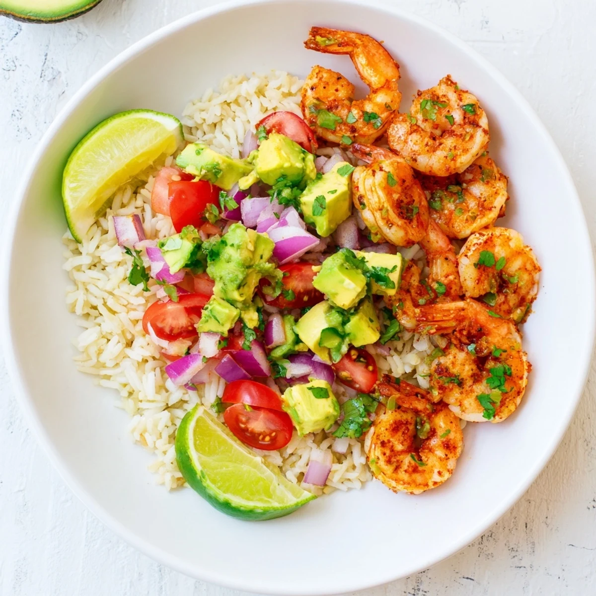 Golden spicy shrimp over fluffy white rice topped with vibrant green avocado salsa and fresh cilantro